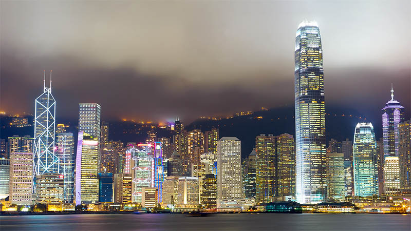 Hong Kong skyline at mist over Victoria harbor